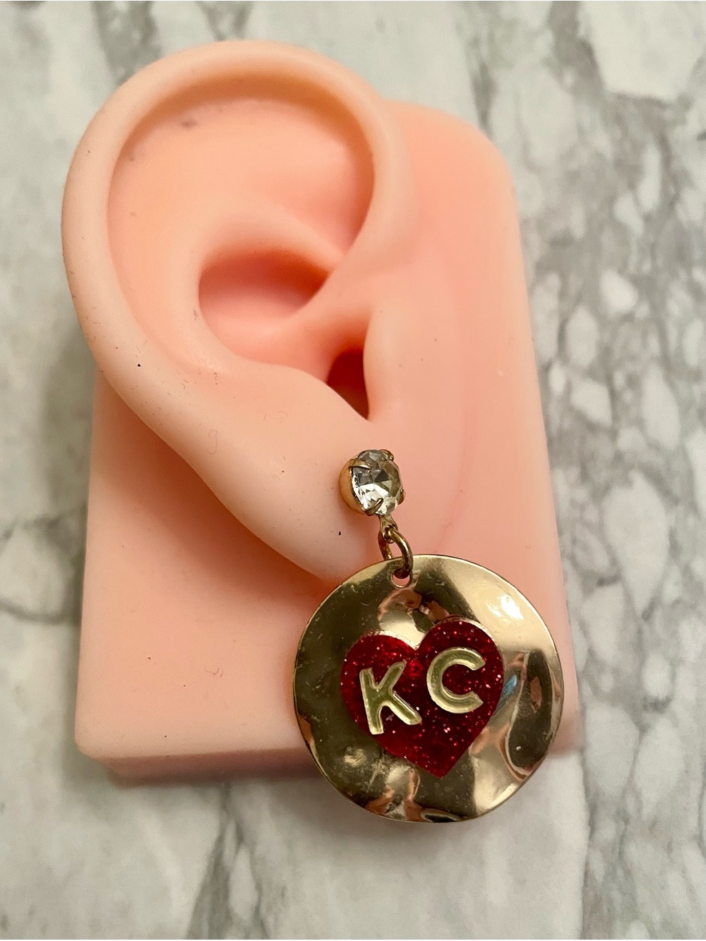 Gold Drop Earrings with Red Heart KC Accent - Picture 2 of 13